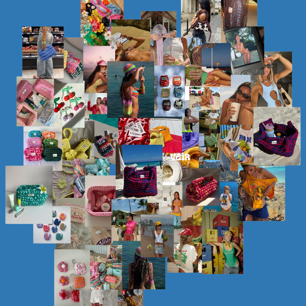 Plusieurs photos superposées représentant le moodboard de la marque Pipas Crochet