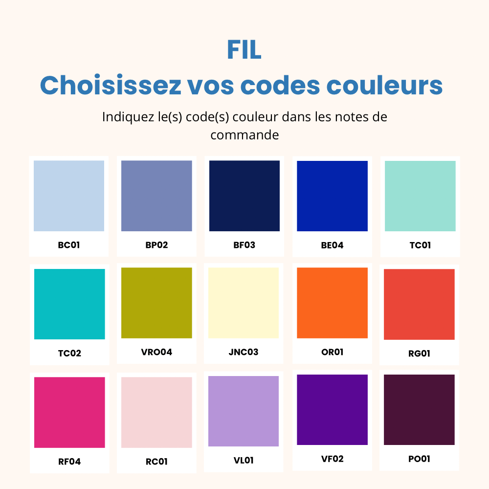 Palette de couleurs disponibles à la personnalisation avec les codes couleurs associés