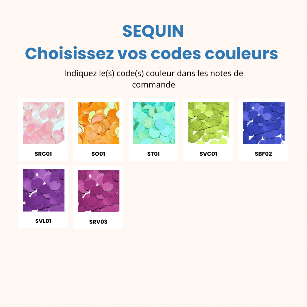 Palette de couleurs sequins disponibles à la personnalisation avec les codes couleurs associés