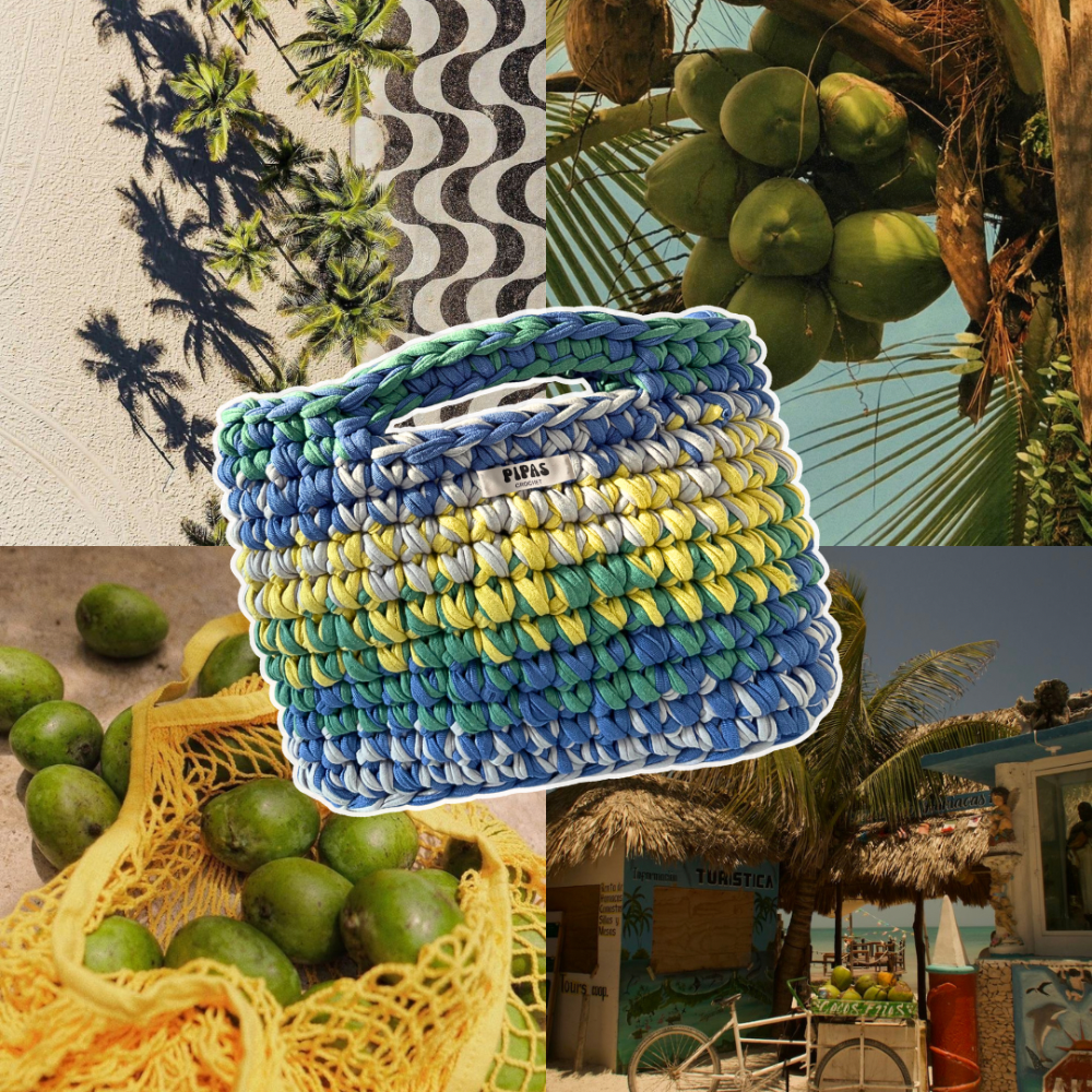 Sac Havana jaune, vert, lilas et bleu, au milieu de l'image avec 4 photos de vacances en arrière plan
